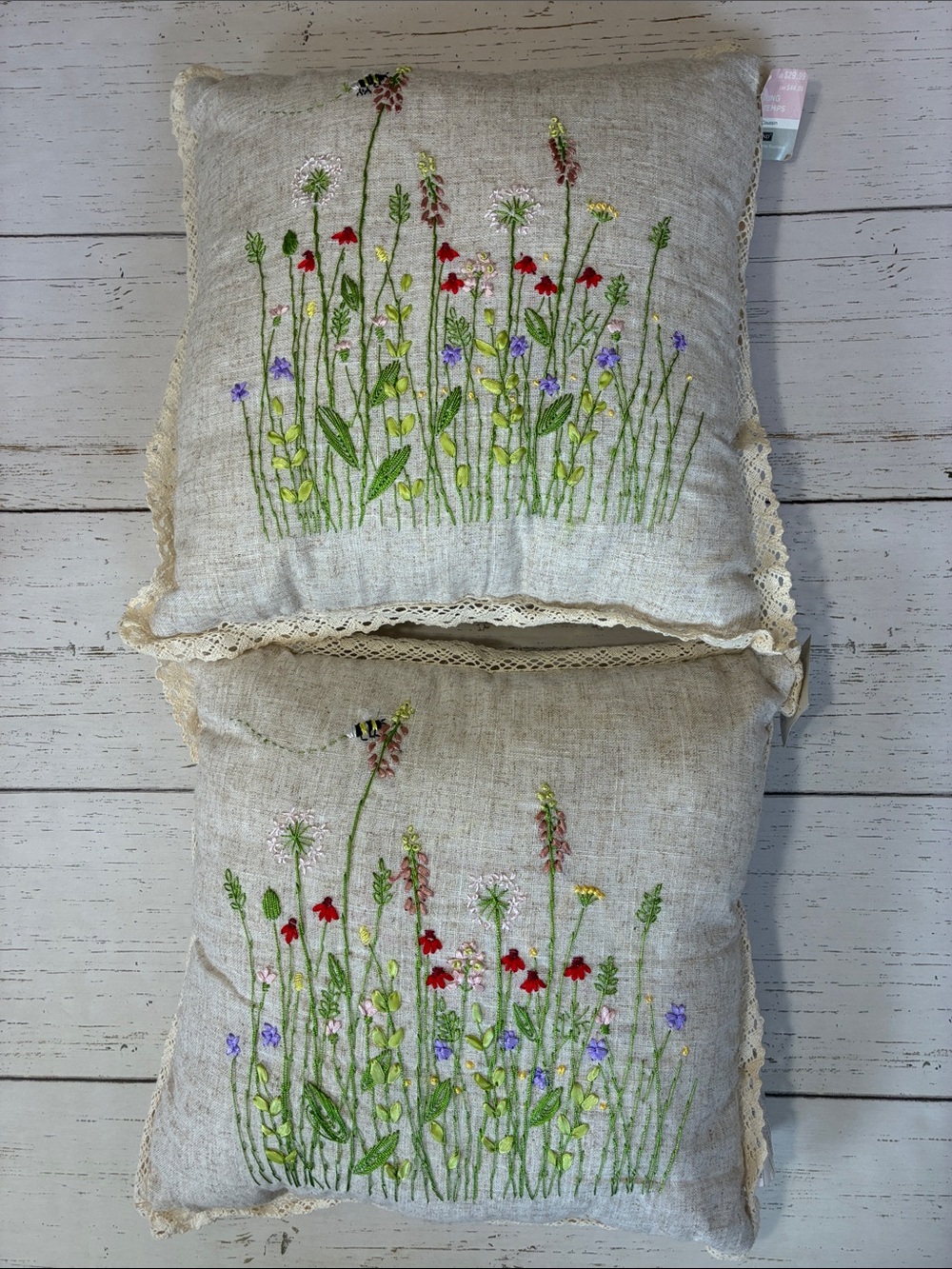 Set of 2 Ashland Embroidered Wildflower Floral Pillows with Crochet Trim, NWT